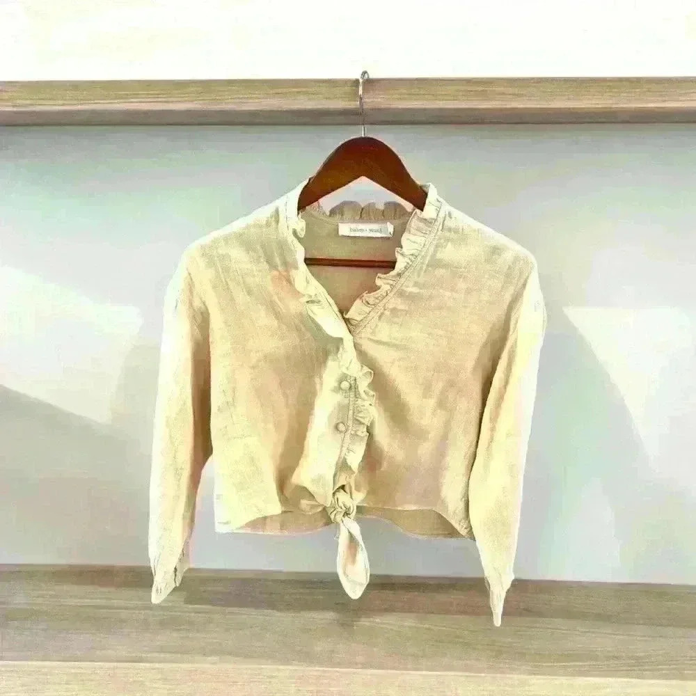 Bishop & Young Ruffled‎ Tie Front Blouse 100% Cotton Flax Color Sz S